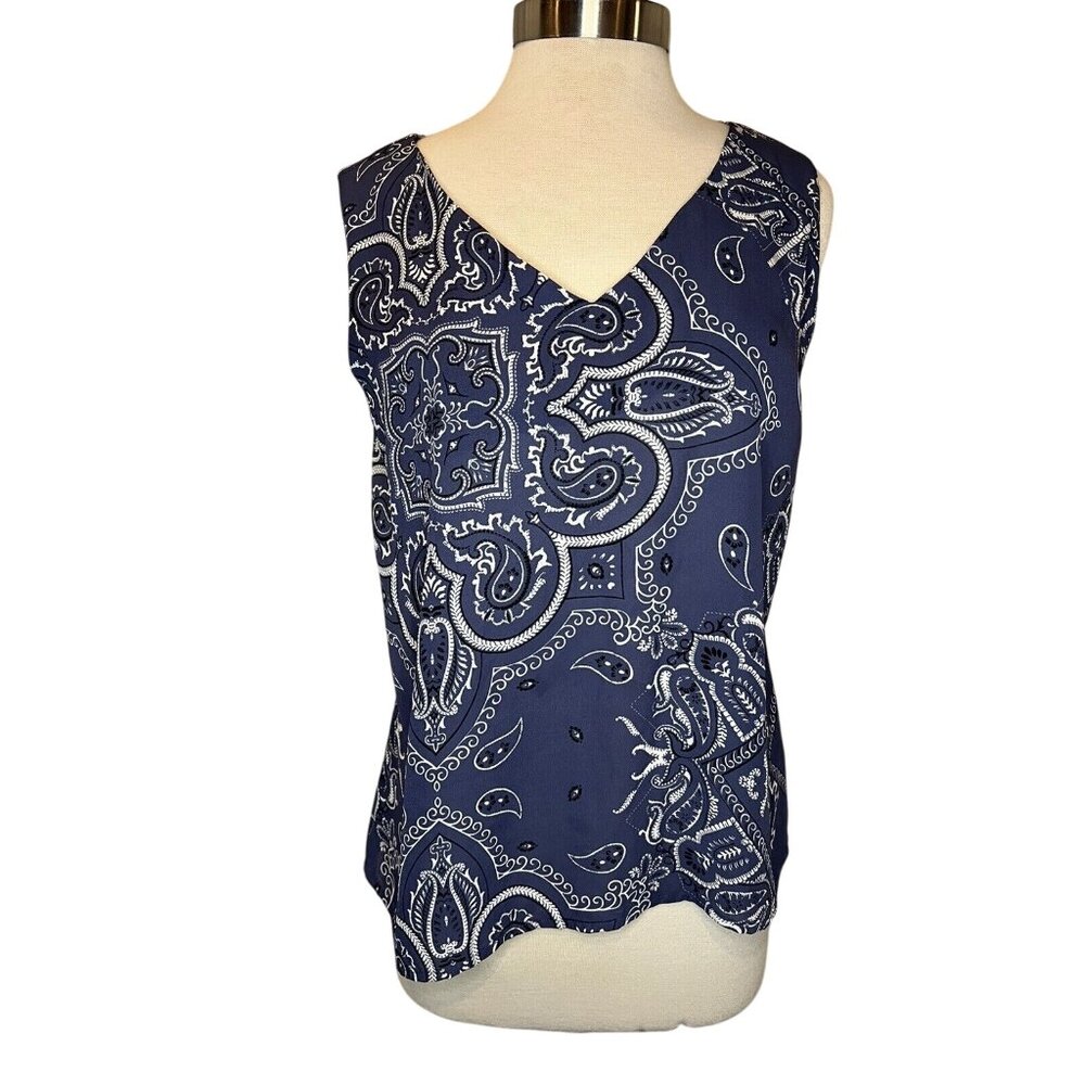 W5 Women's Tank Blouse Size Medium Lined Blue & White Geo Cut out Back
